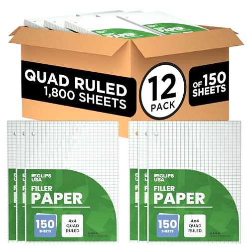Graph Paper Loose Leaf Paper Quad Ruled Notebook Paper Quad Ruled 4” x 4” Square Lined Writing Filler Paper 10.5” x 8” 1800 Sheets 150 Sheets Per Pack 60 gsm (12 Pack) - size: 12 Pack