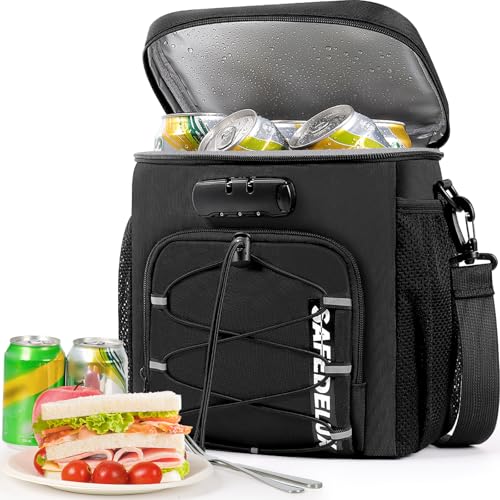 Lunch Bag with Combination Lock, Lunch Box for Men Women, Adjustable Shoulder Strap & Leakproof Soft Cooler for Commute, Travel & Gym - color: Black