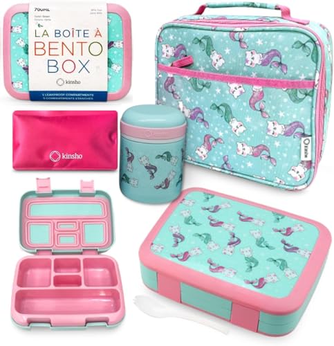 Bento Box with Stainless Steel Food Thermo for Hot Food or Soup, Insulated Lunch Bag, and Ice Pack Set for Kids Girl Toddlers. Ages 3 to 7 Pink Aqua Cat Mermaid - color: Cat Mermaid