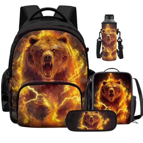 Cool Bear Backpack for Boys Kids Backpack for Girls with Lunch Bag Pencil Case Bottle Bag Kids Bookbag Teen Girl Backpacks for Elementary Middle High School 17 inch Back-to-School Gifts - color: Cool Bear