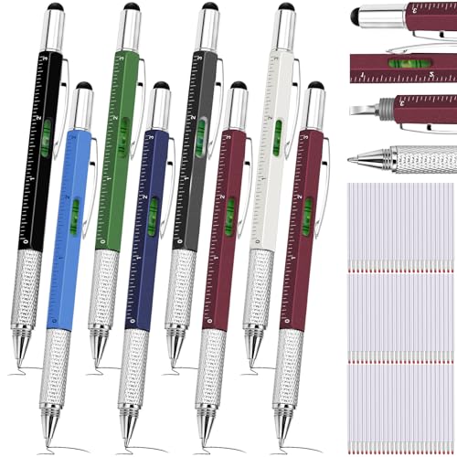 Zhanmai 8 Pcs 6 in 1 Multitool Pen Bulk Gift for Men Multi Tool Ballpoint Pen with Ruler Level Screwdriver Stylus Cool 20 Ink Refill Tool Gadget Birthday Christmas Stocking Stuffers(Seven Colors) - color: Seven Colors