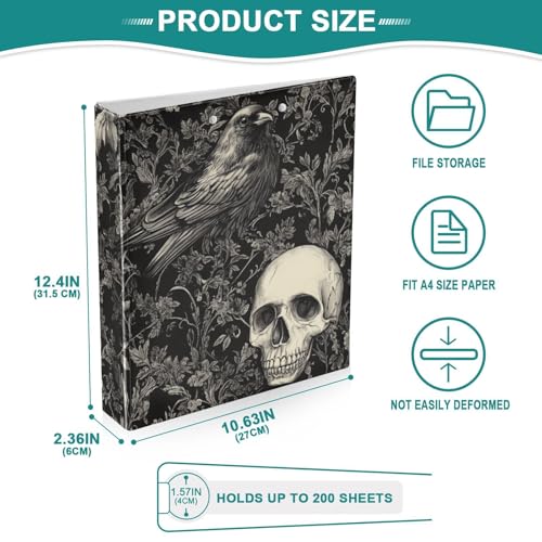 Gothic Skull with Crow Goth Black Binder 1.5 Inch Binder with Clipboard&Pockets, Hardcover Binders 3 Ring, Heavy Duty Large File Folder for Office School Supplies - Holds 200 Sheets - color: Gothic Skull With Crow, size: 1 Pack-12.4x10.63in