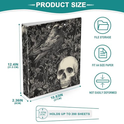 Gothic Skull with Crow Goth Black Binder 1.5 Inch Binder with Clipboard&Pockets, Hardcover Binders 3 Ring, Heavy Duty Large File Folder for Office School Supplies - Holds 200 Sheets - color: Gothic Skull With Crow, size: 1 Pack-12.4x10.63in