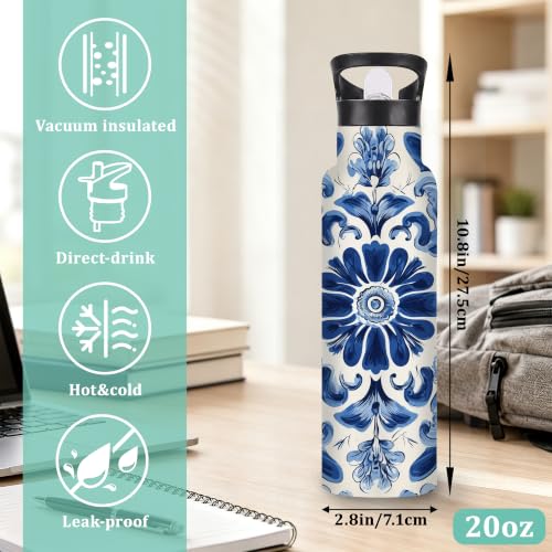 Water Bottles with Straw,Blue Flower Stainless Steel Cup Leak Resistant Double Wall Ethnic Paisley Insulated Water Bottle with Handle for Gym Cycling Hiking Office 20 oz - color: Blue Flower,Ethnic Paisley