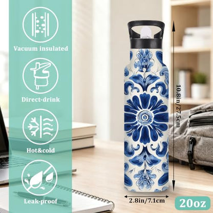 Water Bottles with Straw,Blue Flower Stainless Steel Cup Leak Resistant Double Wall Ethnic Paisley Insulated Water Bottle with Handle for Gym Cycling Hiking Office 20 oz - color: Blue Flower,Ethnic Paisley