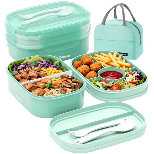2 Layers Bento Box, All-in-One Stackable Lunch Container with Compartments, 64oz Leakproof Microwave Safe Dishwasher Safe Bento Box with Lunch Bag and Utensil Set for Kids and Adults - color: A-Green