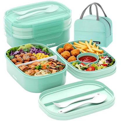 2 Layers Bento Box, All-in-One Stackable Lunch Container with Compartments, 64oz Leakproof Microwave Safe Dishwasher Safe Bento Box with Lunch Bag and Utensil Set for Kids and Adults - color: A-Green