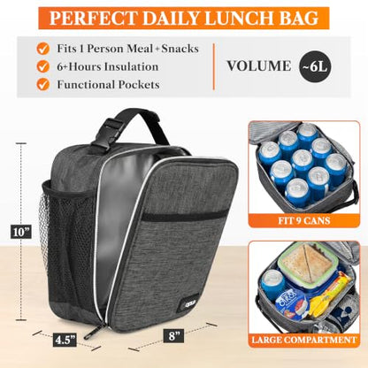 opux Insulated Lunch Bag for Kids Boys Girls, Small Compact Lunch Box with Wide Opening & Mesh Pockets, Reusable Lunch Pail for School, Work, Adults, Men, Women, Charcoal - color: Charcoal