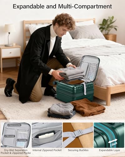 Hanke Top Opening Carry-On - Expandable 16 Inch Airline Approved Spinner | Easy-access top opening,360° spinner wheels,lightweight expandable hardshell, fits overhead bins,for overnight business trips - color: Blackish Green, size: 16 Inch Expandable