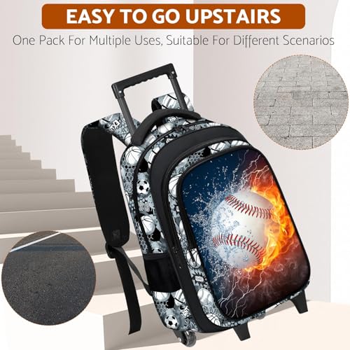 Boys Rolling Backpack for Kids - Baseball Kids Rolling Backpack with Wheels for Elementary Middle School Students - Sport Roller School Bookbag Aged 6-18, Wheeled Travel Bag Large Capacity - color: Baseball-001-backpack Only