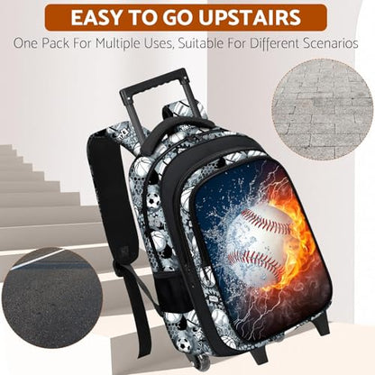 Boys Rolling Backpack for Kids - Baseball Kids Rolling Backpack with Wheels for Elementary Middle School Students - Sport Roller School Bookbag Aged 6-18, Wheeled Travel Bag Large Capacity - color: Baseball-001-backpack Only