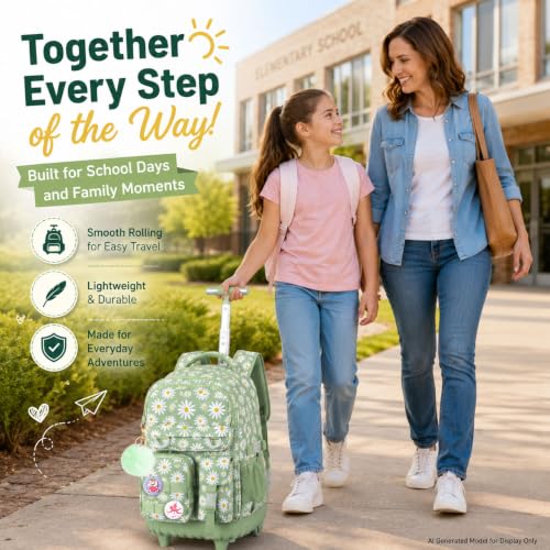 CCJPX 3Pcs Rolling Backpack for Girls, Roller Wheeled School Bookbag, Daisy Wheels Backpacks with Lunch Box for Kids (Green) - color: Daisy Green