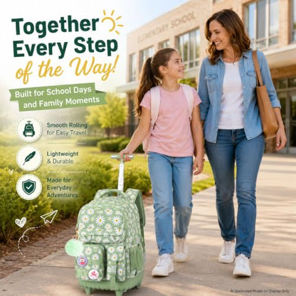 CCJPX 3Pcs Rolling Backpack for Girls, Roller Wheeled School Bookbag, Daisy Wheels Backpacks with Lunch Box for Kids (Green) - color: Daisy Green