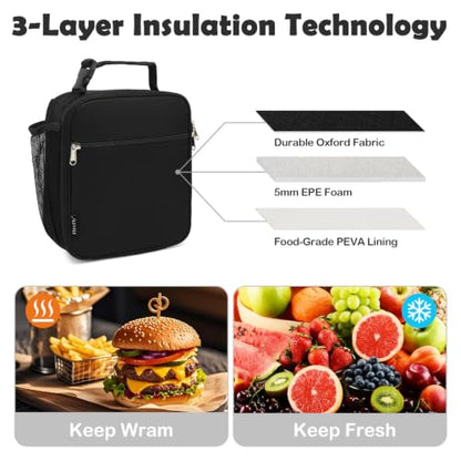 FlowFly Kids Lunch Box Insulated Letter Print Soft Bag Mini Cooler Back to School Thermal Meal Tote Kit for Girls, Boys, Black - color: Black