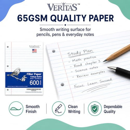 WritePads College Ruled Loose Leaf Paper, 600 Sheets Bulk Notebook Paper, 8"x10-1/2" 3 Hole Punched Filler Paper, Fits Standard 3-Ring Binder, 65lb Thick Paper, Made in USA - color: College Ruled Filler Paper, size: 4 Pack (600 Sheets)