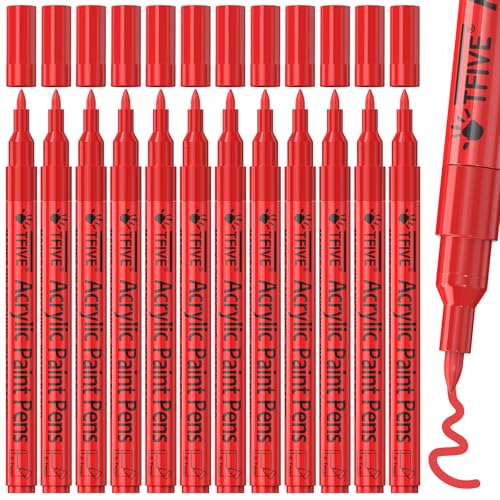 TFIVE 12 Red Acrylic Paint Markers, Permanent Paint Pens Extra Fine Tip | Waterproof, Quick Dry, Fade Resistant, 0.7mm Water Based Marker Pen for Rock, Wood, Plastic, Metal, Glass, Rubber - color: Red