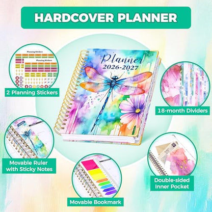 Academic Planner 2026-2027, 18 Months Weekly & Monthly Calendar Planner | July 2026 - Dec 2027, 9" x 11.6" A4 Size, Hardcover Daily Agenda with Tabs, Inner Pocket, Bookmark, Stickers, Sticky Note Set - color: Colorful Dragonfly, size: A4