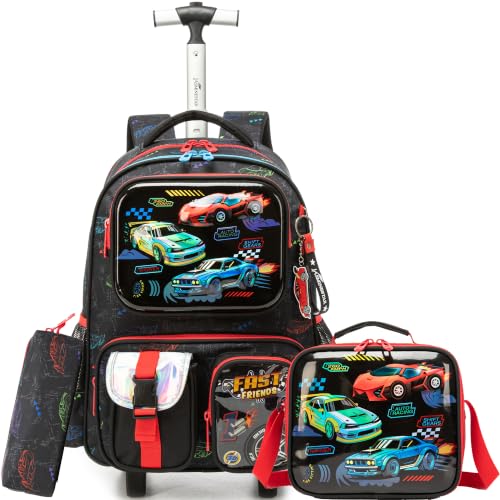 Kids Rolling Backpack for Boys Backpack with Wheels for Girls with Lunch Bag & Pencil Case Rolling Backpacks for Elementary Middle School or Travel Roller Backpacks(Space) - color: A Car