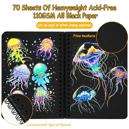 5x7in Black Paper Mixed Media Sketchbook, 110gsm Spiral Bound Art Journal Sketchbook, 70Sheets Acid-Free Travel Pocket Sketch Pad for Drawing, Illustration, Ideal for Most Dry Media - color: 1-BlackPaper-SideSpiral