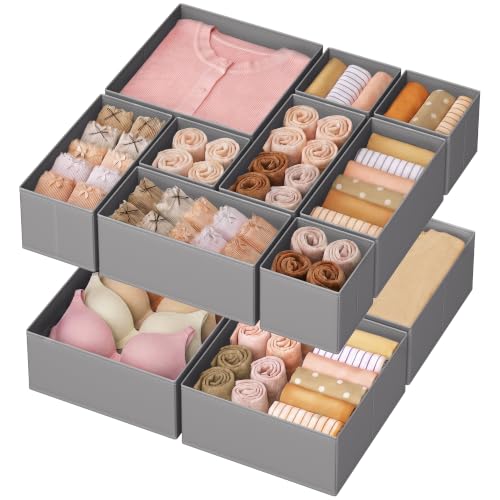 SONGMICS Drawer Organizers, Dresser Divider Organizers, Set of 12, Foldable Fabric Storage Boxes for Socks, Underwear, Bras, Ties, Scarves, Dove Gray URDZ006G02 - color: Dove Gray, size: 12 Pack