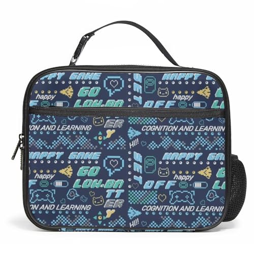 WOBAGMEN Game Lunch Box for Kids, Cute Insulated Lunch Bag for Boys Girls,Waterproof Lunch Box with Water Bottle Holder for Teens Adults Picnic Travel Back to School (Happy Game) - color: Happy Game
