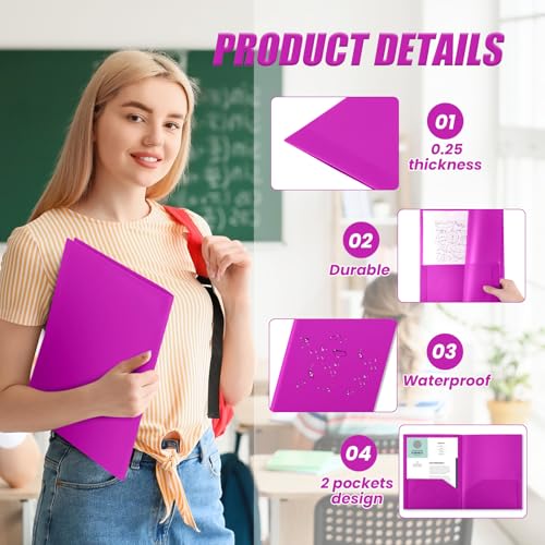Gueevin 100 Pack Plastic Folder with Pockets, 2 Pocket Folders, Plastic Glossy Folders Fit Letter Size Paper, Heavy Duty Durable File Folder with Business Card for Home Office School (Neon Purple) - color: Neon Purple