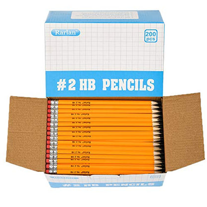 Rarlan Wood-Cased #2 HB Pencils, Pre-sharpened, 200 Count Bulk Pack | Classroom Pencils with Erasers for School and Teacher Supplies, Writing, Drawing and Sketching, Back to School