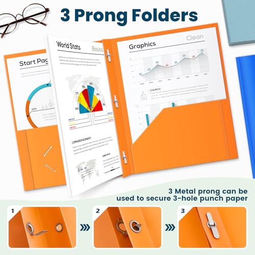 V-Opitos 120 Packs 2 Pocket Folders with 3 Prongs Fastener Clasps, Bulk Heavy Duty Plastic Folders, Multicolor Files Folders in 6 Colors for School and Office