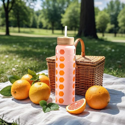 MUKOKO Glass Water Bottle, 32oz, Pink | Glass Tumbler with Straw, Drinking Bottles with 2 Lids-Handle Spout Lid & Bamboo Straw Lid, Silicone Sleeve, 1 Pack - color: Pink, size: 32 Ounces