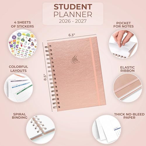 Clever Fox Academic Student Planner 2026-2027 – Hardcover Spiral-Bound Planner for School & College with Weekly & Monthly Calendar (Rose Gold) - color: Rose Gold