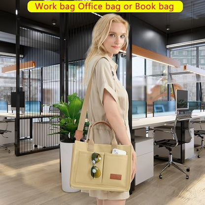 ZHMO Canvas Tote Bag for Women,Women's Bags Crossbody Bags Work Laptop Tote Bag Large Handbags Purse for Travel Nurse Teacher - color: Canvs Cute Khaki With Compartments