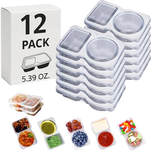 12 Sets Reusable Snack Containers Double Compartment Snackle Box Container with Lids - Leak-Proof BPA-Free Food Storage, Condiments Portion Control Dip Cups for Kids School Lunches, Meal Prep, Takeout - color: Transparent 12-pack