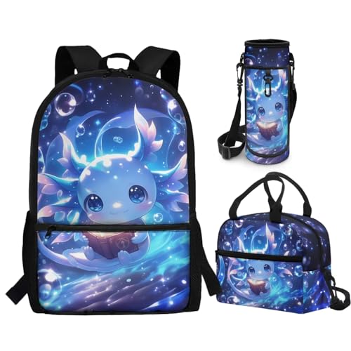 CLOHOMIN Cute Study Axolotl Backpack for School Girls with Lunch Bag Kids 10-12 Elementary/Middle School Bag Set of 3 Lunch Tote Water Bottle Bag Student School Bookbag 17 Inch for 3rd Grade - color: Cute Study Axolotl