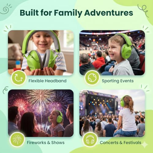 ISOtunes JUNIOR DEFENDER Noise Cancelling Headphones for Kids, 20 dB Kids Ear Protection Ear Muffs for Noise Reduction - color: Kids Green