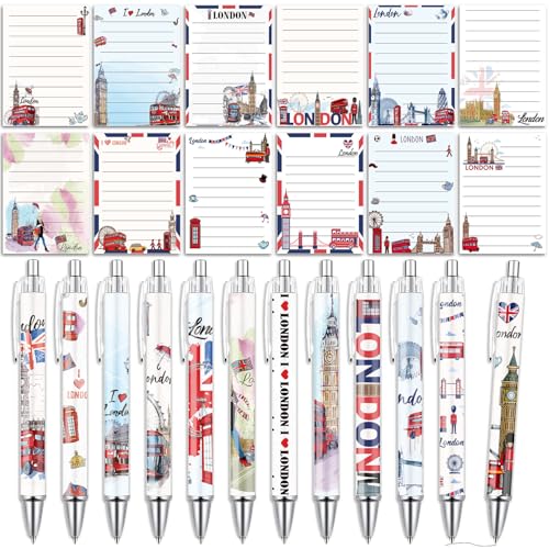 Wxiben London Sticky Notes with Pens - 24 Pcs London Travel Notepads England Ballpoint Pens Bulk British Flag Notes Black Ink Pen Souvenir Gifts for Home Traveler Study Office Party Favor - color: London