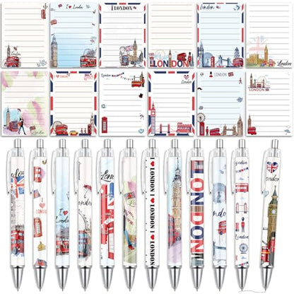 Wxiben London Sticky Notes with Pens - 24 Pcs London Travel Notepads England Ballpoint Pens Bulk British Flag Notes Black Ink Pen Souvenir Gifts for Home Traveler Study Office Party Favor - color: London