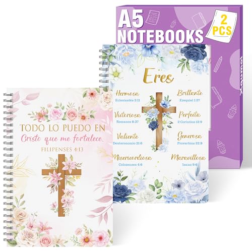 Xqumoi 2 Pack A5 Spanish Christian Spiral Notebooks - Floral Cross Religious Bible Verse Ruled Journal Writing Notebooks Inspirational Gift for Women Christmas Back to School Office Supplies - style: K-Spanish Christian