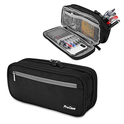 ProCase Pencil Case Pen Bag, Two Layers Big Capacity Pencil Pouch Pen Organizer Durable Stationery Holder for Marker Organization School Supplies Office Storage Desk Organizing - color: Black