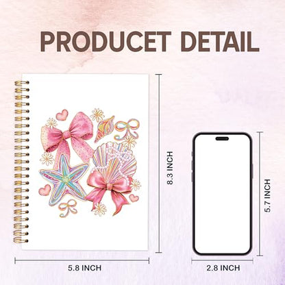 KAOWT Coquette Seashell Ocean Beach Notebook Journal, Pink Preppy Beach Notebooks for Note Taking, Ocean Seashell Starfish Coastal Journal, Hardcover Spiral Notebook 5.5x8.3in - color: pink seashell