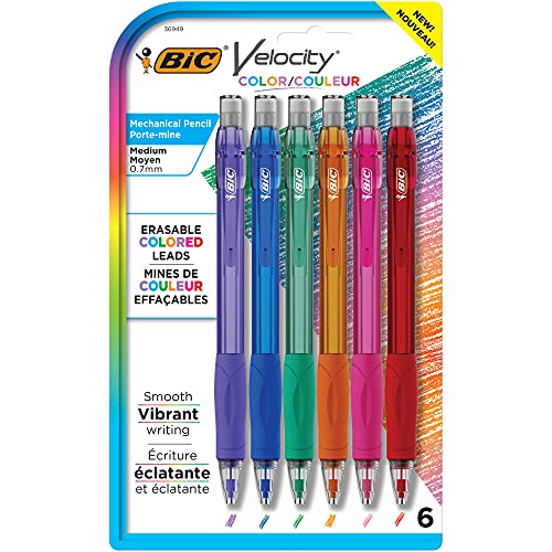 BIC Velocity Mechanical Pencils with Colored Leads, Medium Point (0.7 mm), School Supplies for Color-Coding Notes and Drawings, 6-Count Pack in Assorted Colors - color: 0.7mm Colored Lead Pencils, size: 6 Count (Pack of 1)