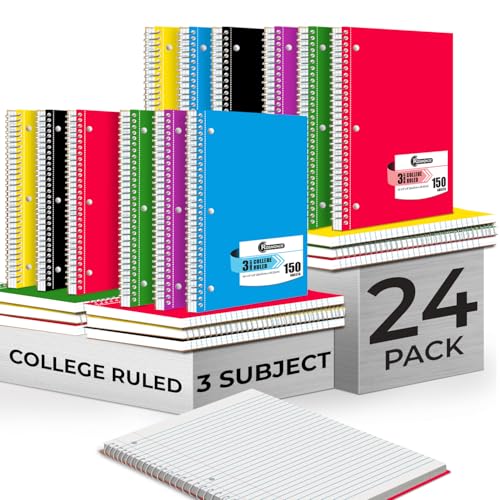 Rosmonde 24 Pack 3 Subject Spiral Notebook College Ruled Bulk, 150 Sheets | Thick Paper, Extra Pages - 300 Pages, 8 x 10-1/2", Bulk Spiral Journal for School, 3 Hole Punched, Bulk Subject Notebooks - size: 24 Pack, style: 3 Subject - Soft Cover