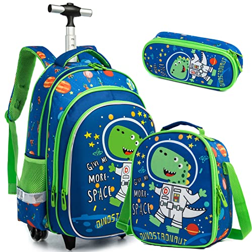 School Bags Kids Rolling Dinosaur Backpack With Wheels Trolley - 3PCS Boys Cat Backpack With Lunch Box Blue - color: Blue-220223-2-l