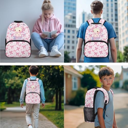 Back to School Bookbag Set for Kids, Lovely Girls 3-in-1 Insulated Lunch Bag & Pencil Case,Axolotl Prints Lightweight Backpack for Camping Hiking Picnic - color: Pink Bows-axolotl Prints