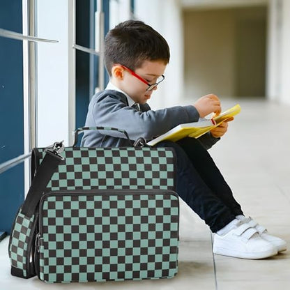 Green Teal Black Checkered Binder Bag 3 Ring Zipper Binders with Shoulder Strap for School Office Organizer Storage - color: Q011