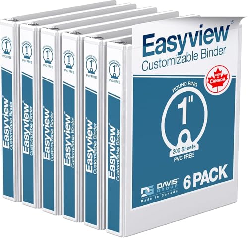 Easyview Premium 3-Ring Binders with Clear-View Covers and Round Rings, Binders for School or Office, 1 Inch, Pack of 6, White - color: White, size: 1 Inch, style: Pack of 6