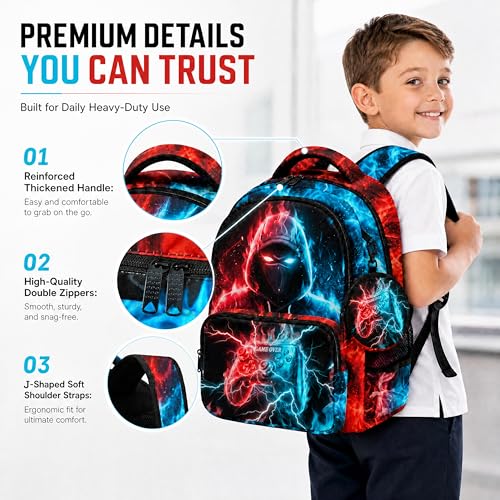 Game Backpack Set for Boys Kids, Gaming Kids Boys Backpack with Lunch Box, Pencil Bag and Coin Purse. Game School Bag 17" (Blue&Red) - color: Blue&red-2