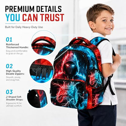 Game Backpack Set for Boys Kids, Gaming Kids Boys Backpack with Lunch Box, Pencil Bag and Coin Purse. Game School Bag 17" (Blue&Red) - color: Blue&red-2