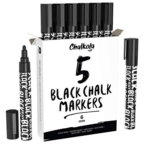 Chalkola Black Chalk Markers - Liquid Dry Erase Marker Pens for Bistro, Chalkboards Signs, Windows, Blackboard, Glass - 6mm Reversible Tip (Pack of 5) - color: Black - 6mm (5 Pack)