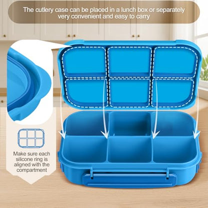 Amathley Lunch Box Kids Girls Boys,Bento Box Adult,Toddler Lunch Containers for School,Leakproof Snack Containers with 6 Compartments,Sauce Container,10 Food Picks and 4 Muffin Cups (Blue) - color: Blue
