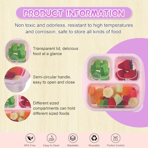 Honeydak 5 Pack Snack Containers 3 Compartment Bento Snack Boxes Divided Meal Prep Containers with Lids Reusable Adults Lunch Food Storage Box for School Work Travel(Pink Gray) - color: Pink Gray